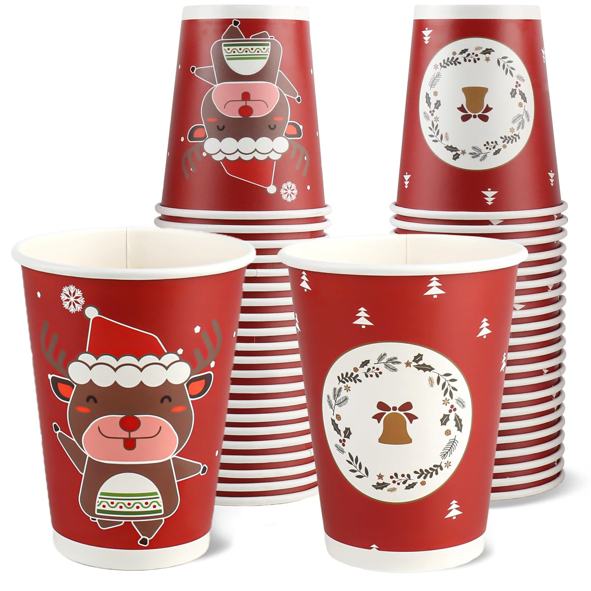 Rulyyo 12oz holiday paper cups by BACKUPMYFILESNOW® for hot and cold drinks, 42-pack, featuring festive holiday designs
