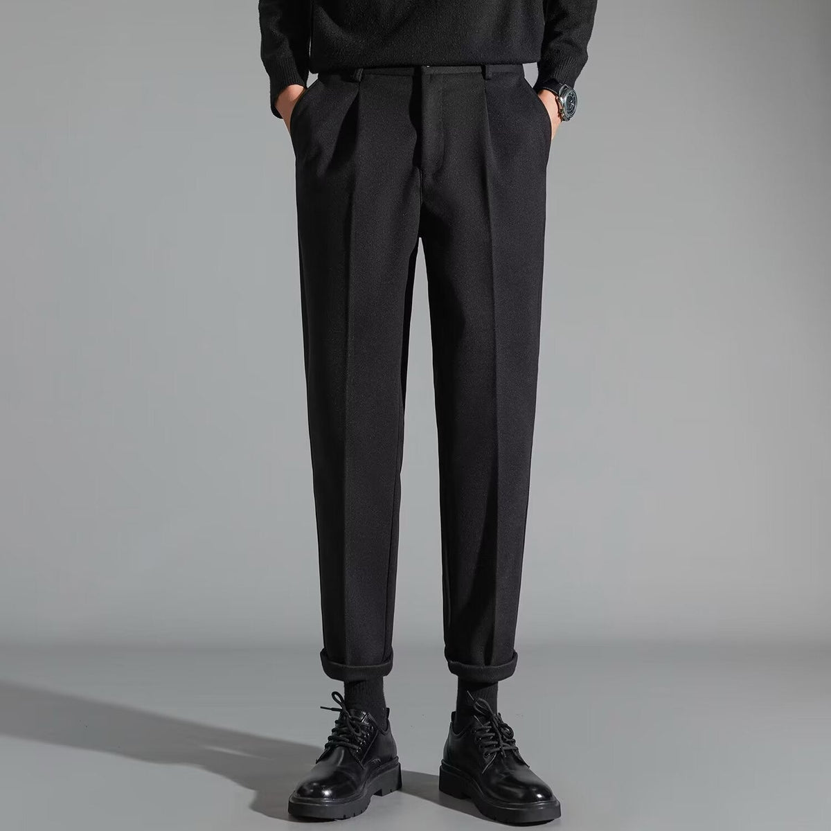 Men's stylish slim-fit wool casual pants in a clean, tailored design