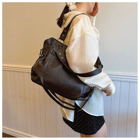 2025 retro Korean-style large-capacity tote handbag with single-shoulder crossbody strap