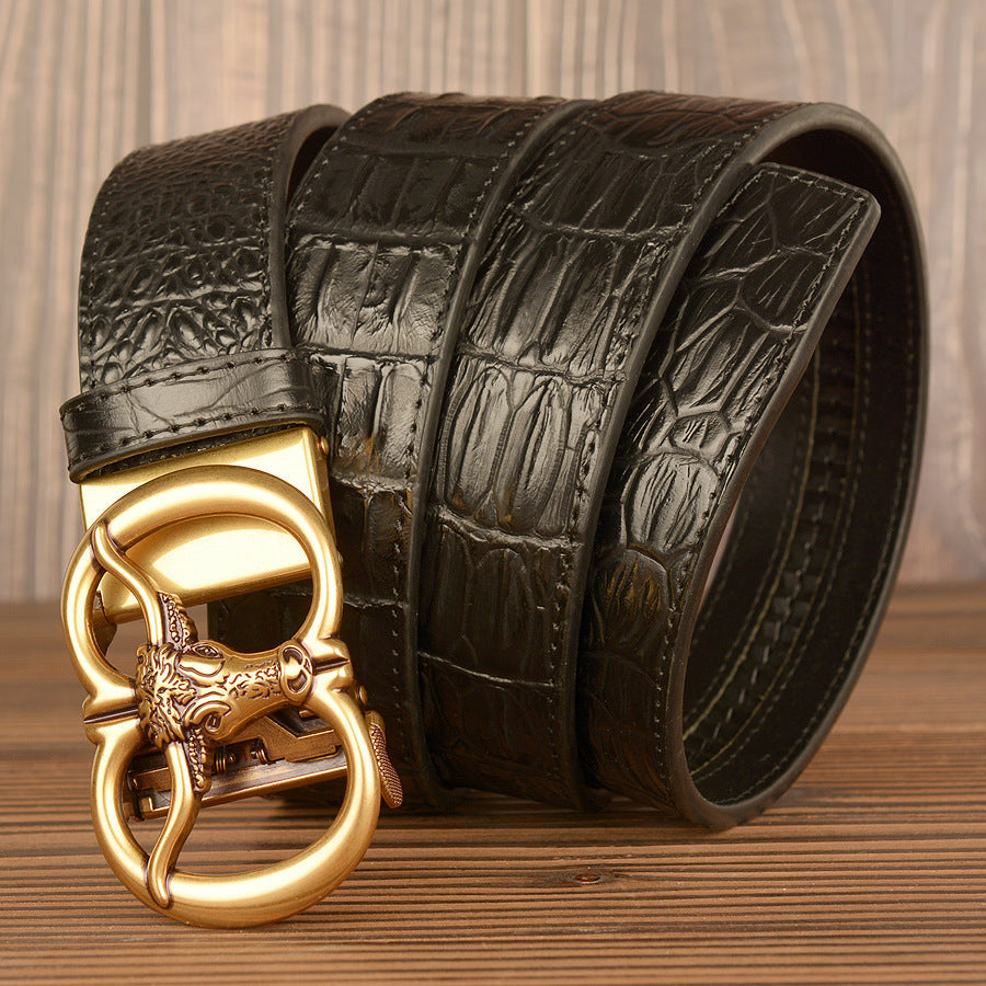 Men's retro ox-head automatic-buckle belt by My Store, featuring a detailed ox-head buckle and leather strap