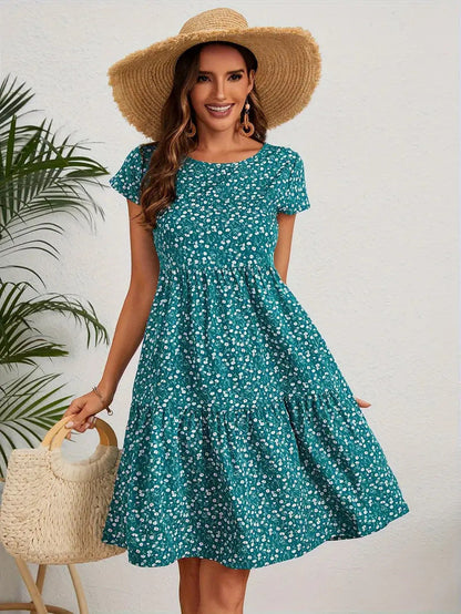 All-over print crew neck short sleeve casual women's dress by My Store