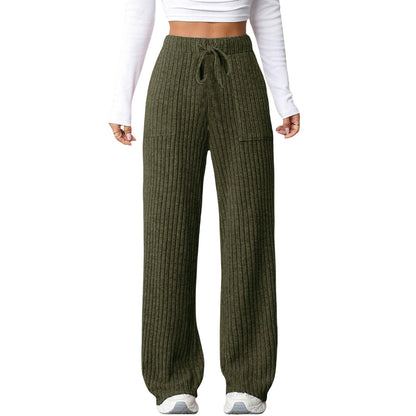Women's solid-color ribbed casual pants with side pockets, My Store brand