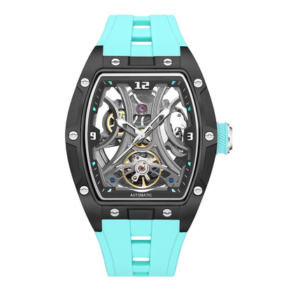Barrel-shaped full skeleton automatic watch with steel case and visible mechanical movement