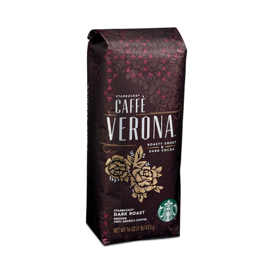 Bulk Starbucks Caffe Verona coffee ground in a 1 lb bag, 6-pack carton by 2xSavings, ideal for brewing rich, bold coffee.