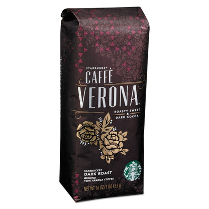 Ground Starbucks Caffe Verona coffee in a 1lb bag, bulk coffee from 2xSavings, with rich, dark roast beans visible in the image.