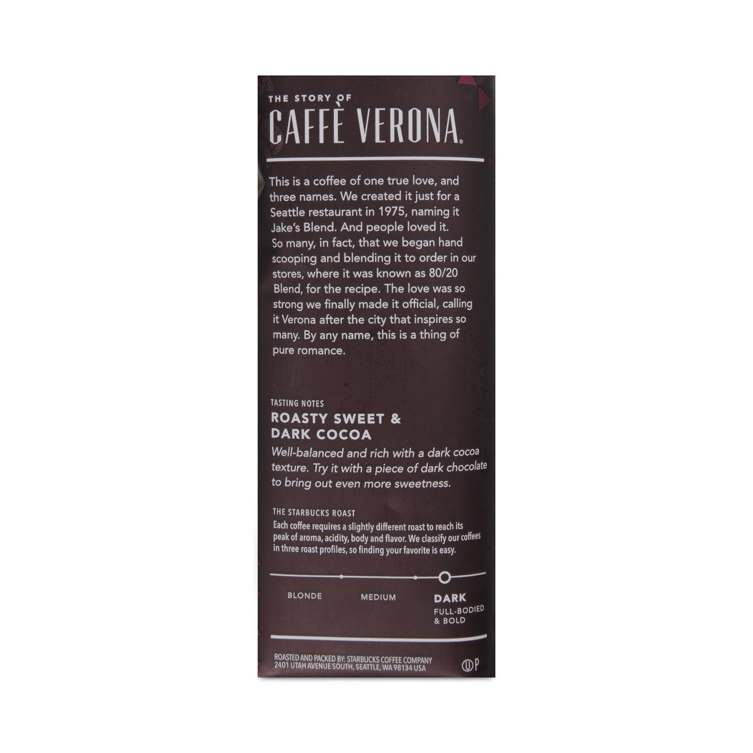 Starbucks Caffe Verona ground coffee in 1lb bag, bulk ground coffee by 2xSavings, dark roast with rich, bold flavor.
