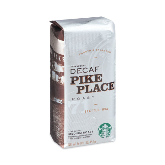 2xSavings Starbucks Pike Place Decaf coffee ground in 1 lb bag, bulk pack of 6 cartons, ready for brewing.