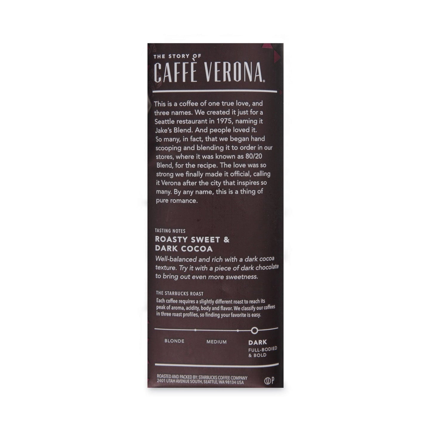 Starbucks Caffe Verona coffee fraction pack, 2.5 oz packets, 18-pack box from 2xSavings showing coffee packets and packaging.