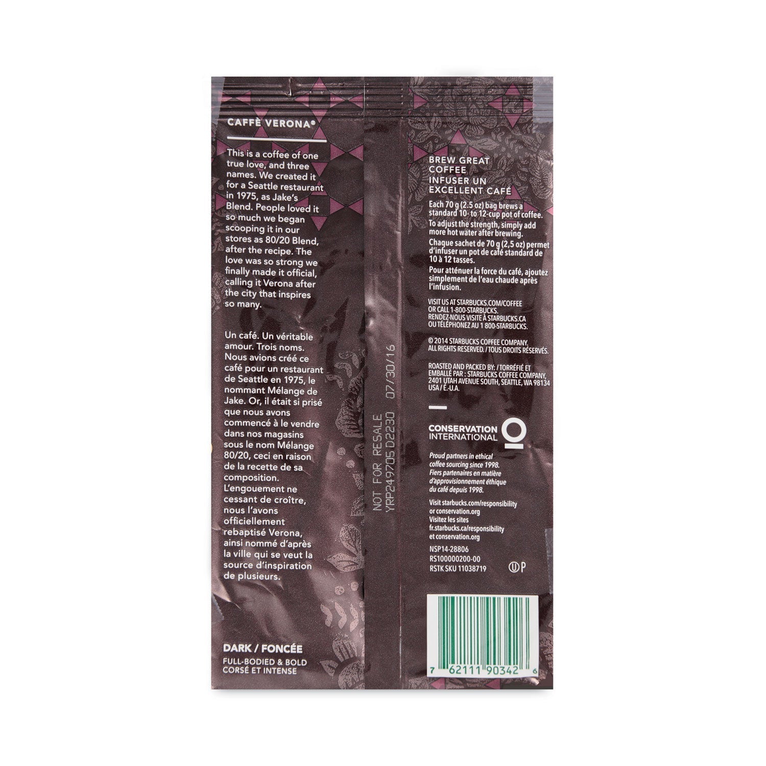 Starbucks Caffe Verona coffee fraction pack, 2.7 oz packets, 72-pack carton, 2xSavings brand, fresh roasted coffee bags