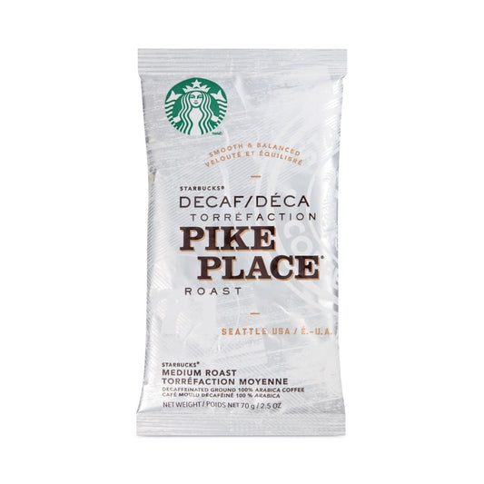 Starbucks Pike Place Decaf Coffee fraction pack, 2.7 oz packets, 72-pack carton by 2xSavings, ready for brewing.