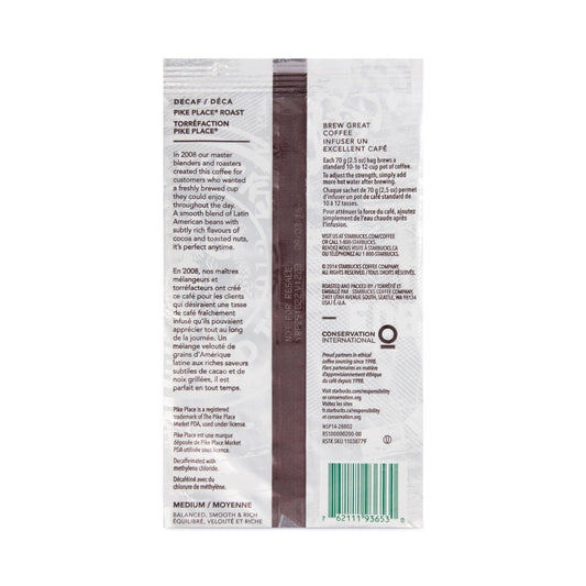 Starbucks Pike Place Decaf Coffee fraction pack 2.7 oz packets, 72 per carton, by 2xSavings, includes multiple coffee packets.