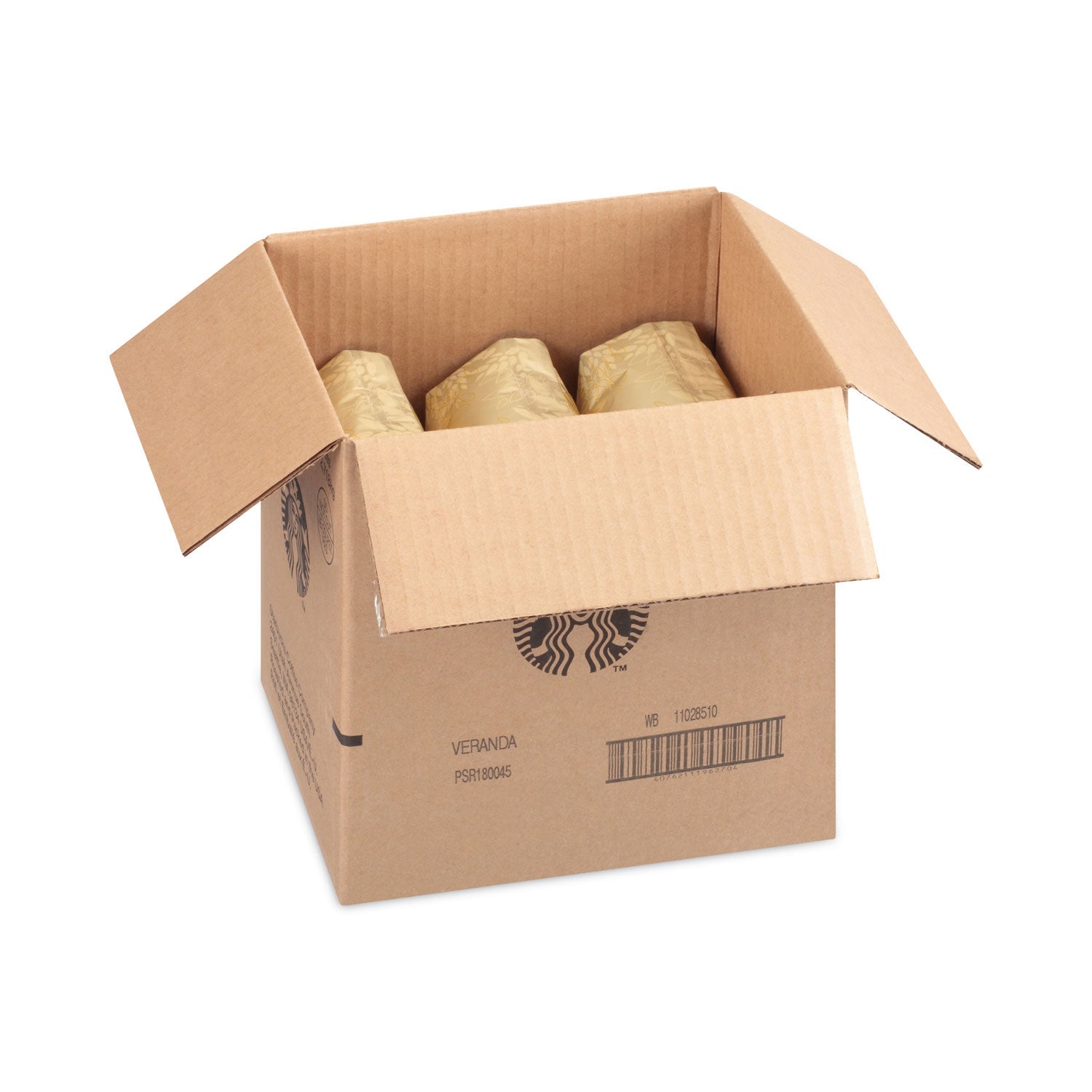 Starbucks Veranda Blend whole bean coffee in 1 lb bag, shown in a 6-pack carton, with the coffee bag displaying the Starbucks logo.