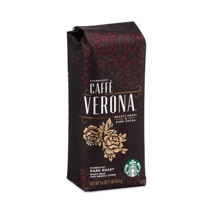 Starbucks Caffe Verona whole bean coffee bag by 2xSavings, 1 lb package with dark roasted coffee beans visible.
