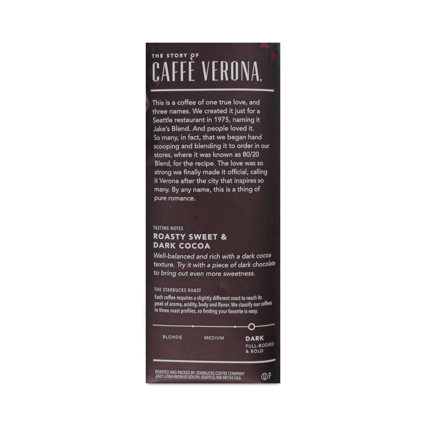 Starbucks Caffe Verona whole bean coffee in a 1 lb bag, featuring dark roasted coffee beans with rich, bold flavor.