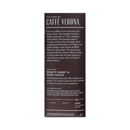 Starbucks Caffe Verona whole bean coffee in a 1 lb bag, featuring dark roasted coffee beans with rich, bold flavor.