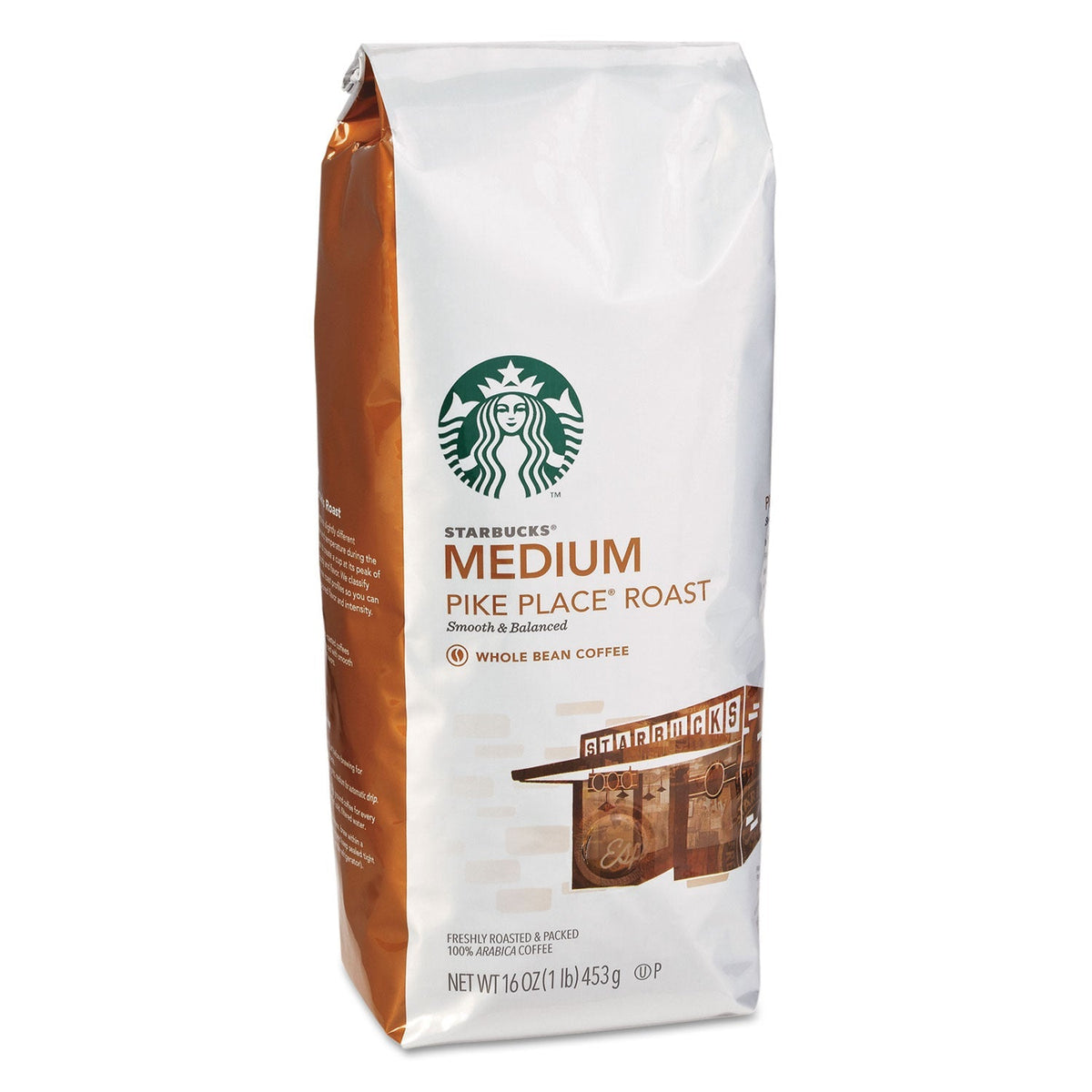 Starbucks Pike Place Roast whole bean coffee in a 1 lb bag, featuring fresh coffee beans with a rich aroma.