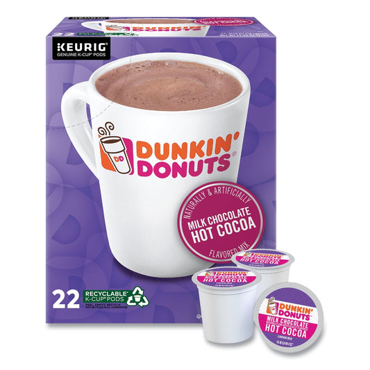 Dunkin Donuts Milk Chocolate Hot Cocoa K-Cup Pods by 2xSavings, box with 22 single-serve coffee cup pods for hot chocolate.
