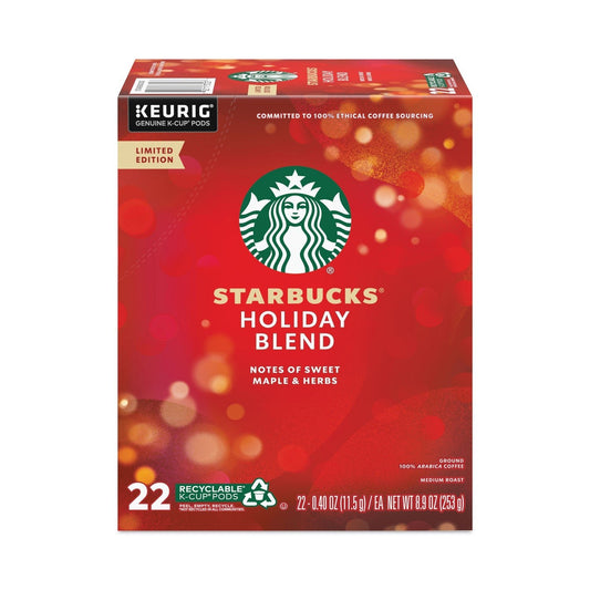 Starbucks Holiday Blend coffee K-Cup pods in a box, showcasing festive packaging for single-serve coffee from 2xSavings.