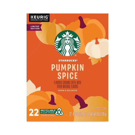 Starbucks Pumpkin Spice Coffee K-Cups in 22-count boxes, 4 boxes per carton, by 2xSavings, with a cup of pumpkin spice coffee.