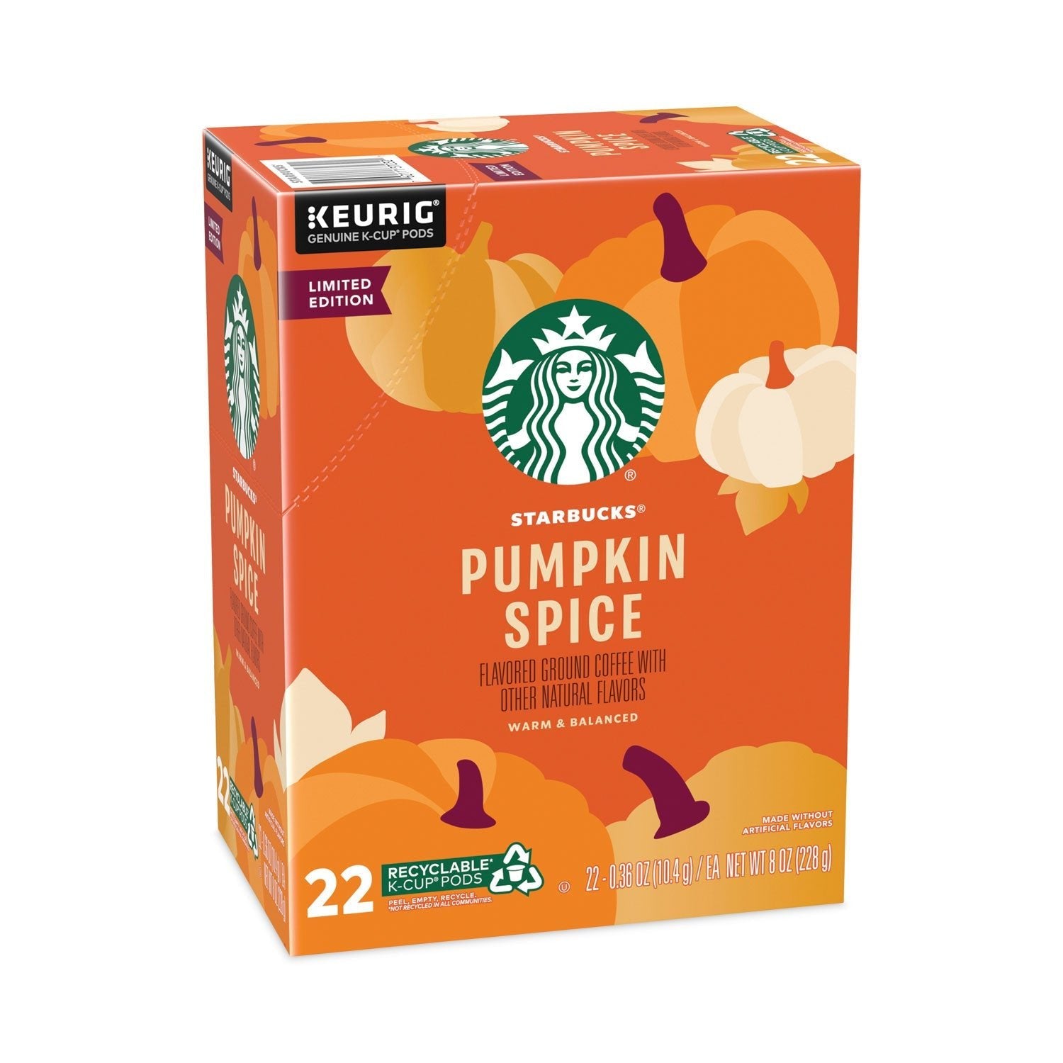 Starbucks Pumpkin Spice Coffee K-Cups in a box from 2xSavings, featuring 22 single-serve cups in a pack of four cartons.