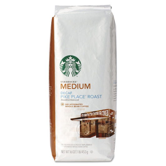 Decaf Starbucks Pike Place Roast whole bean coffee bag by 2xSavings, featuring 1 lb of decaffeinated coffee beans.