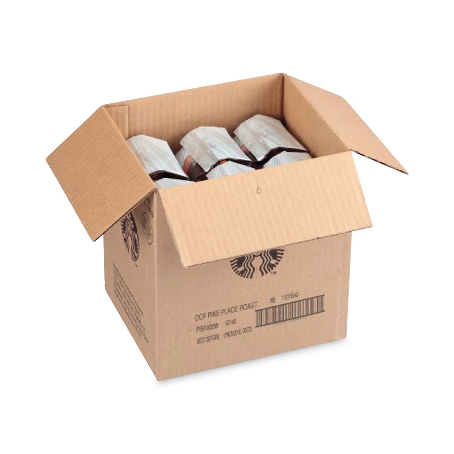Starbucks Decaffeinated Pike Place Roast whole bean coffee in a 1 lb bag, shown in a 6-pack carton, by 2xSavings.