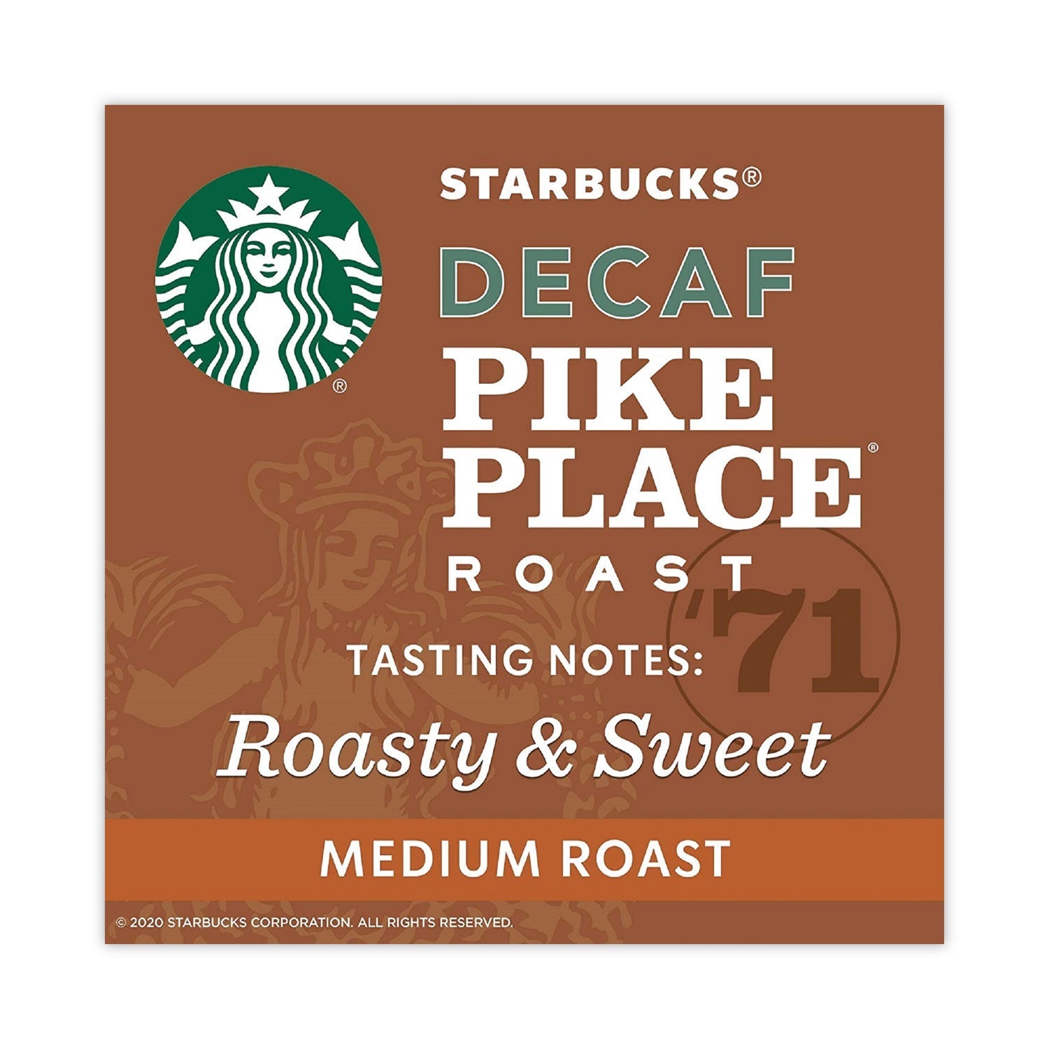 Starbucks Decaffeinated Pike Place Roast whole bean coffee in 1 lb bag, displayed in a 6-pack carton by 2xSavings.