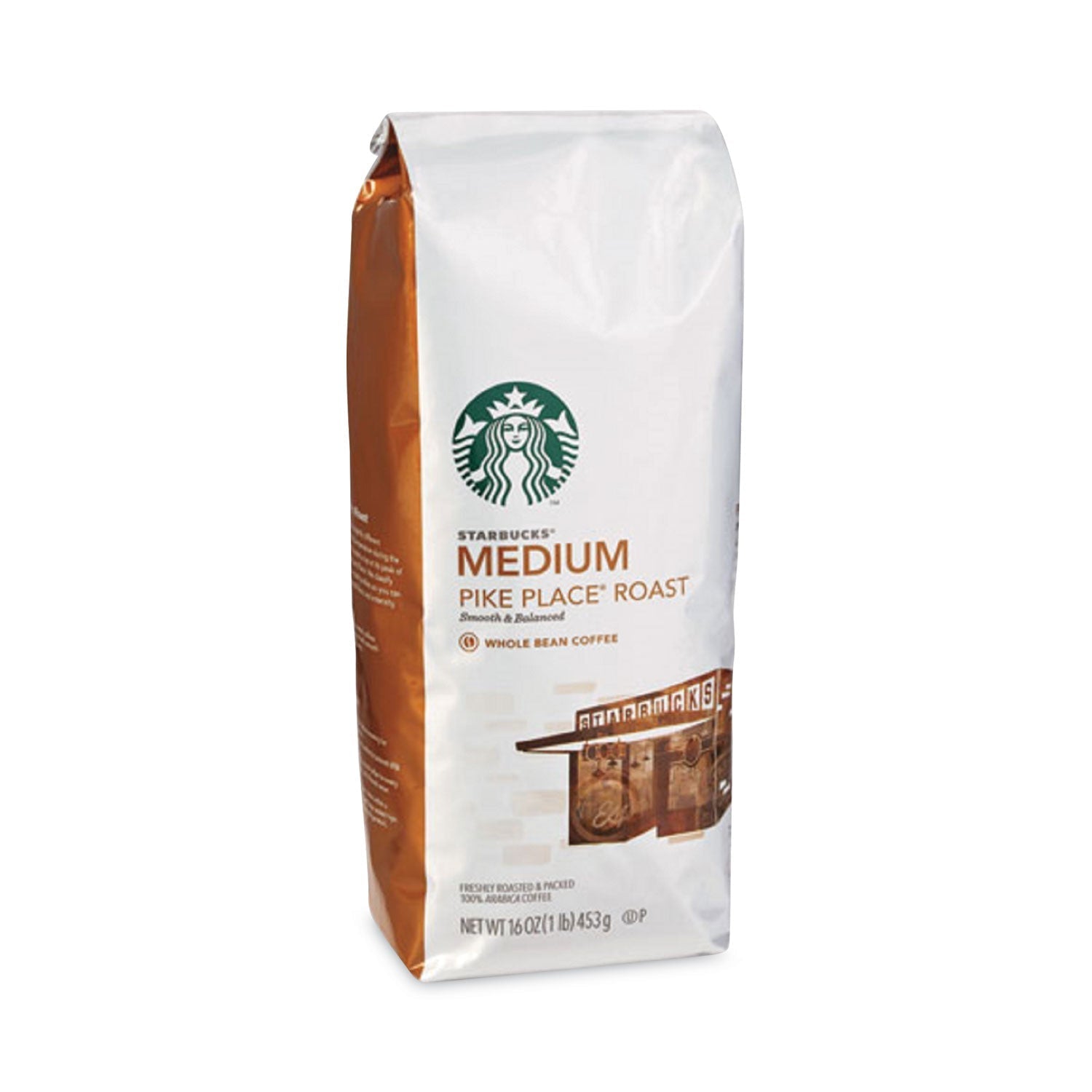 2xSavings decaffeinated Starbucks Pike Place Roast whole bean coffee in a 1 lb bag, shown in a 6-pack carton.