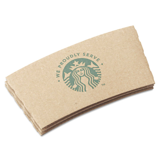 Kraft Starbucks cup sleeves for 12, 16, and 20 oz hot cups, 2xSavings brand, shown in a carton of 1,380 sleeves.