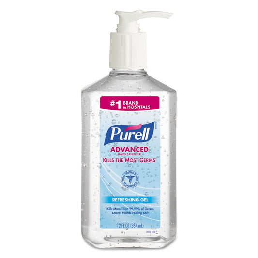 PURELL Advanced Refreshing Gel Hand Sanitizer in a 12 oz pump bottle, featuring a clean scent and clear gel texture.