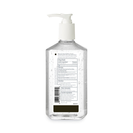 Purell Advanced Refreshing Gel Hand Sanitizer in 12 oz pump bottle, clean scent, clear gel inside a transparent pump dispenser.