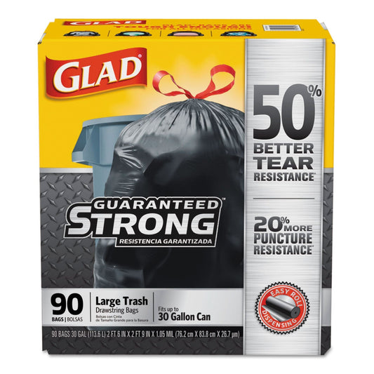 Black Glad drawstring large trash bags, 30-gallon tall kitchen and lawn bags, 1.05 mil thick, 30x33 inches, 90 per carton