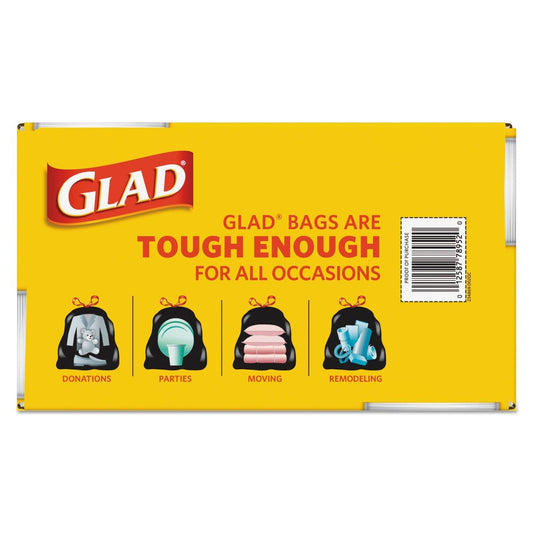Black Glad large trash bags, 30-gallon tall kitchen and lawn leaf bags with drawstrings, 1.05 mil thickness, 30" x 33".