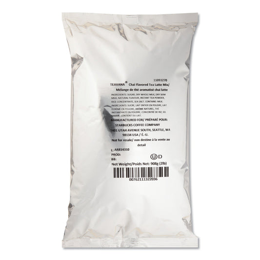 Starbucks Teavana Chai Tea Latte Mix tea bag in 2 lb bag, 6-pack carton, with packaging showing the tea mix and branding.
