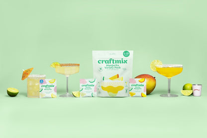 Three bottles of Craftmix Margarita Variety cocktail mix with colorful labels displayed on a white background.