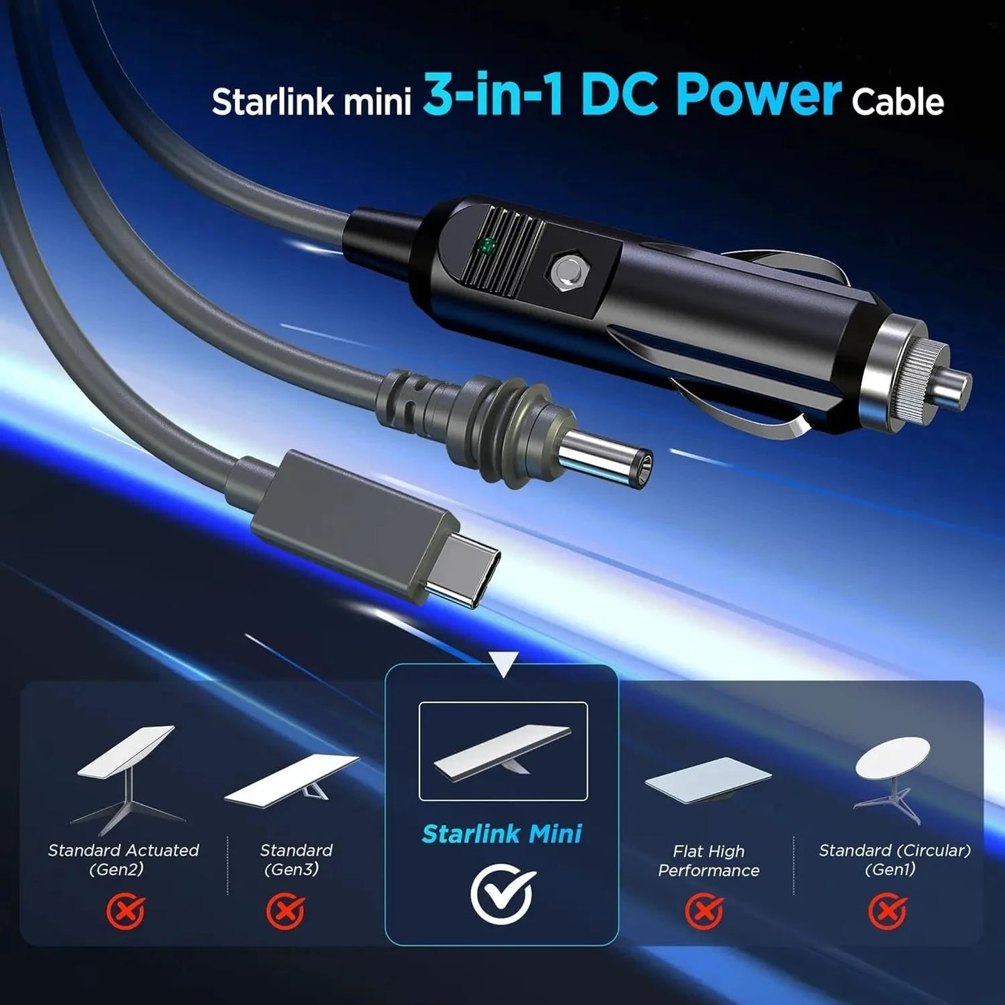 Starlink 3-in-1 mini cigarette lighter to DC 5521 power cable with Type C, pure copper wiring, waterproof silicone ring, outdoor use