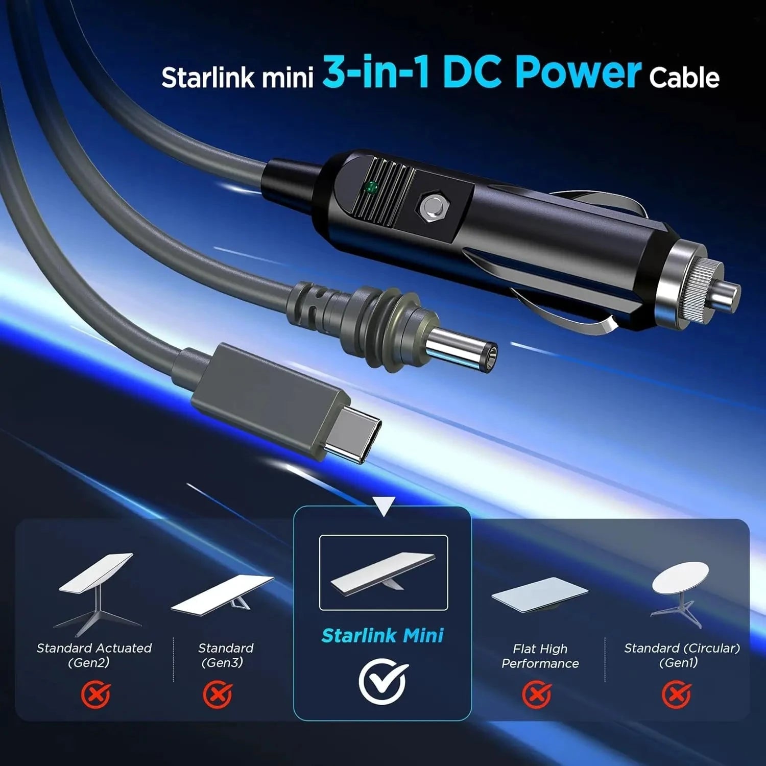 Starlink 3-in-1 mini cigarette lighter to DC 5521 power cable with Type C, pure copper wiring, waterproof silicone ring, outdoor use