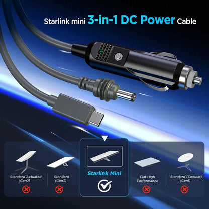 Starlink 3-in-1 mini cigarette lighter to DC 5521 power cable with Type C, pure copper wiring, waterproof silicone ring, outdoor use