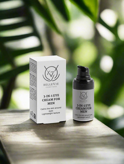 BelleVie Cosmétiques 3-in-1 eye cream for men in 15ml jar, hydrates, brightens, and rejuvenates with hemp extract.