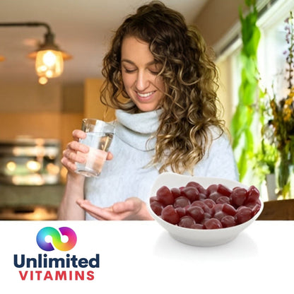 Tapioca iron multivitamin supplement from Your Label, showing a close-up of the tapioca-based vitamin capsules in a jar.