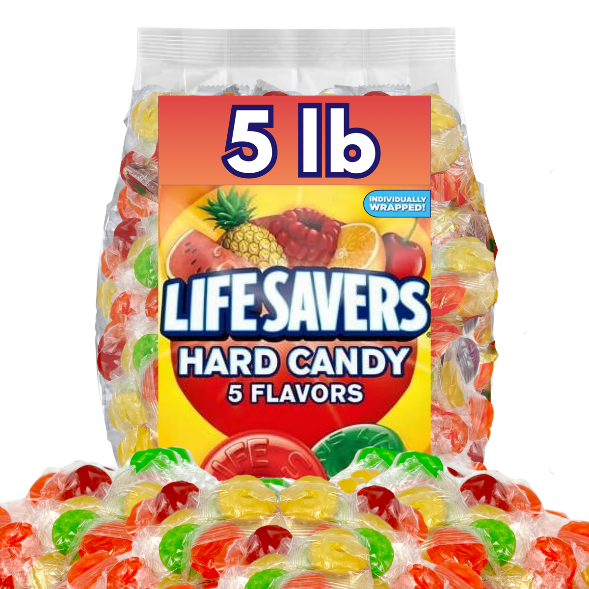 Assorted Life Savers hard candies in 5 flavors from Candy In Bulk, shown in a bulk value bag with colorful candies.