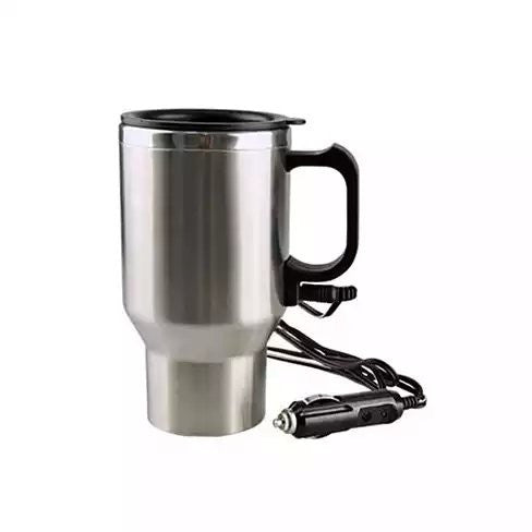 Stainless steel Coffee Hug car mug with built-in warmer from BACKUPMYFILESNOW.COM®, designed for keeping coffee warm on the go.