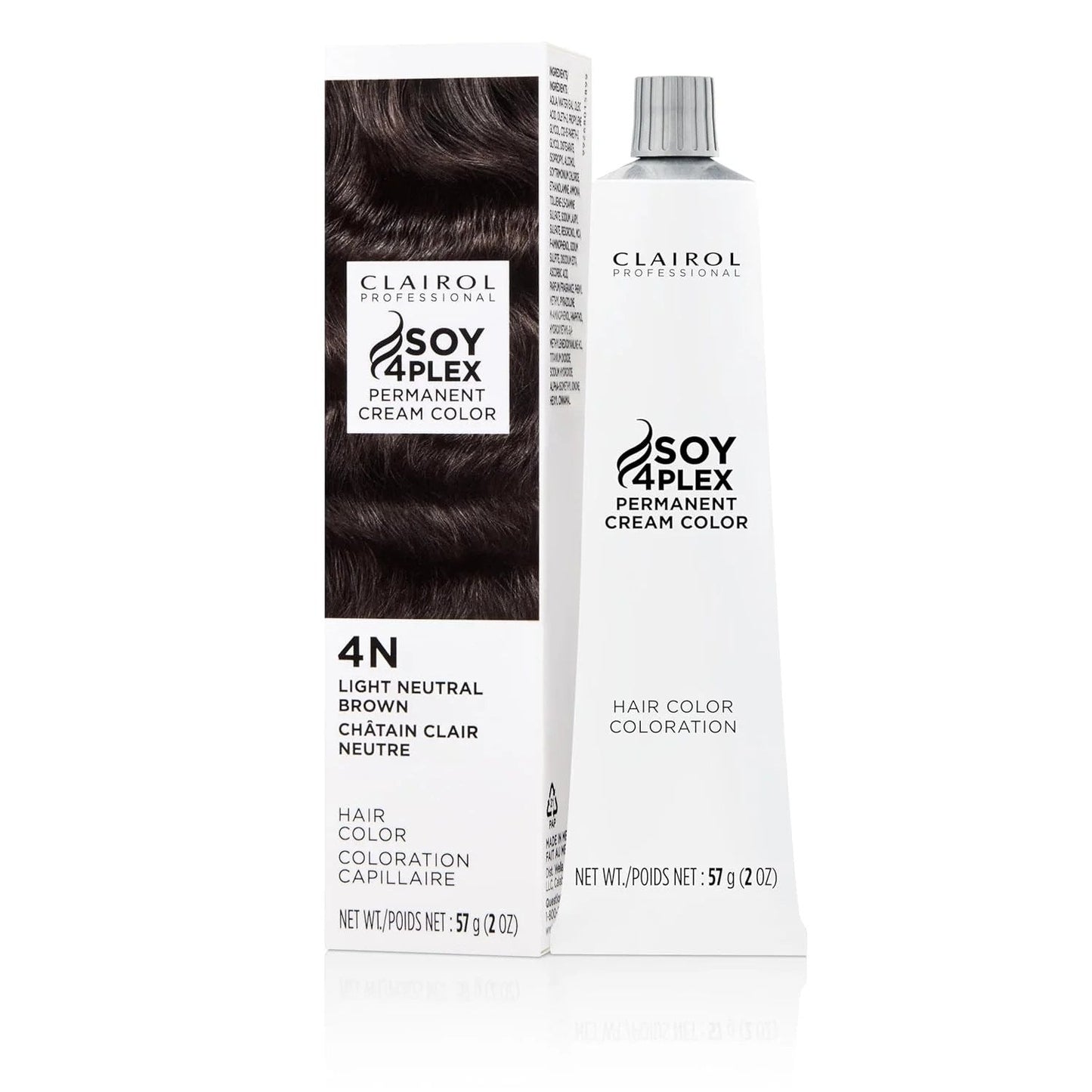 Clairol Crème Perm Soy4Plex permanent hair color in 4N Light Neutral Brown, showing the product packaging and hair color swatch.
