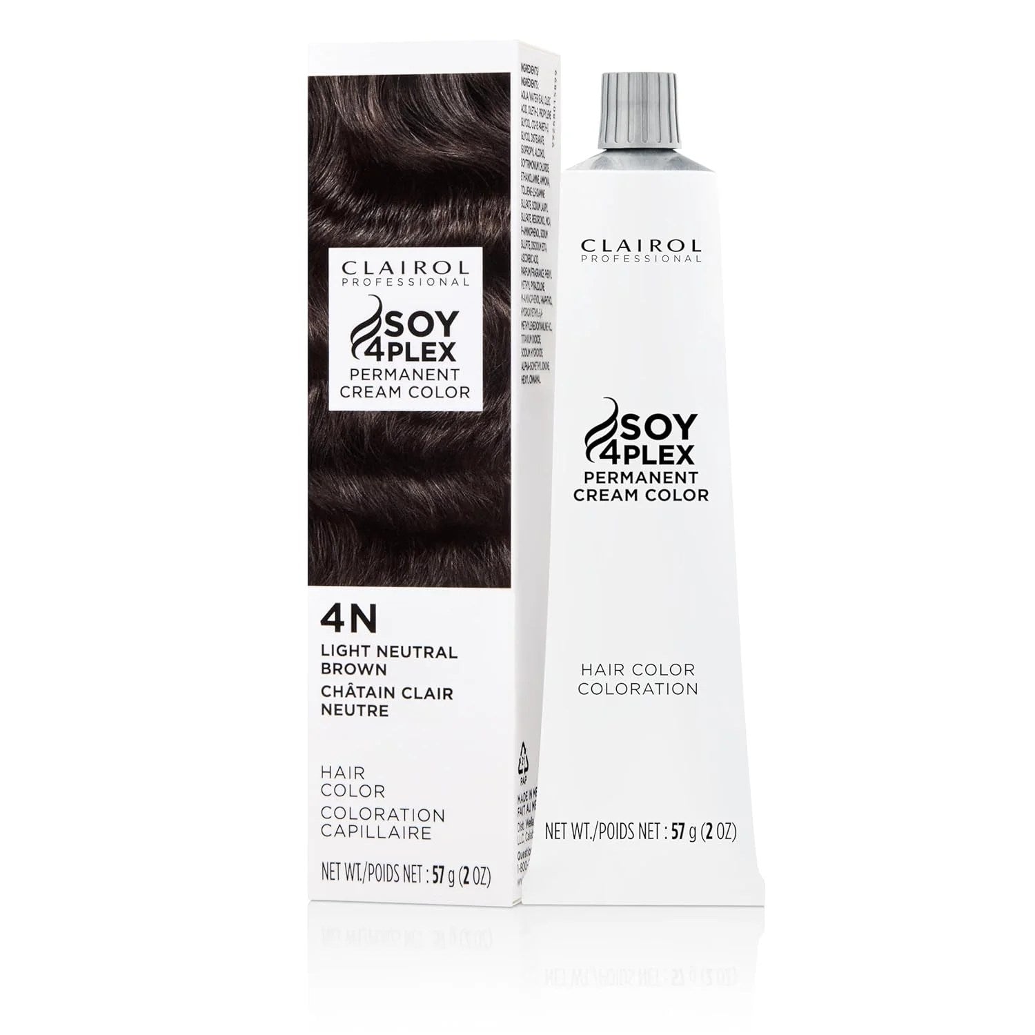 Clairol Crème Perm Soy4Plex permanent hair color in 4N Light Neutral Brown, showing the product packaging and hair color swatch.