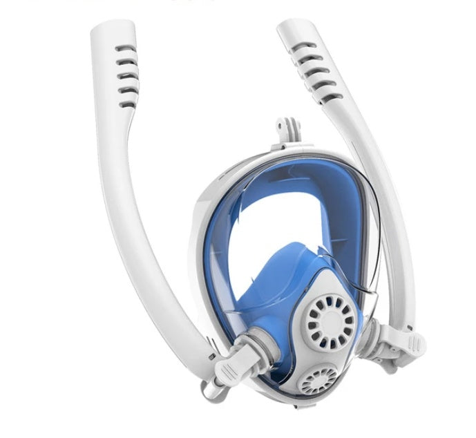 Scuba diving mask in clear view with adjustable strap and protective lenses