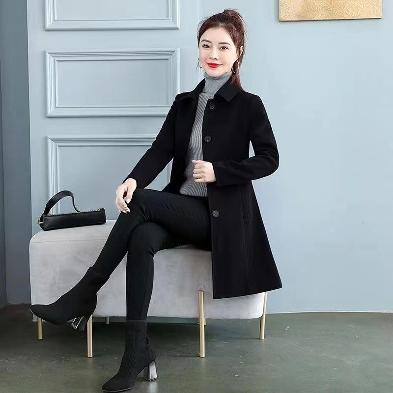Women's petite midi-length plaid trench coat front view