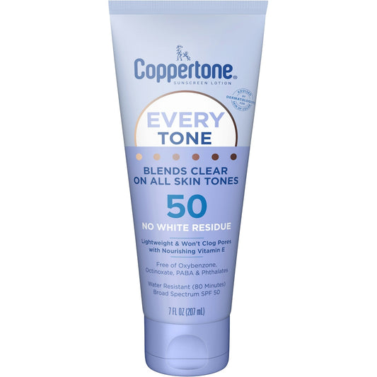 Coppertone Every Tone SPF 50 sunscreen lotion bottle with pump dispenser, 7 fl oz, moisturizing and suitable for all skin tones