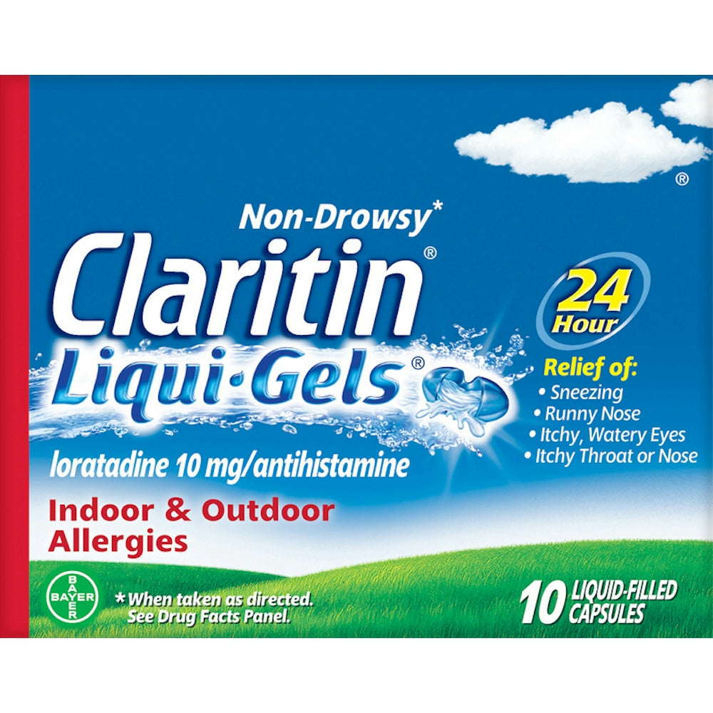 Claritin 24-Hour Non-Drowsy Allergy Relief Liqui-Gels, 10 count, in blister pack, medication for allergy symptom relief