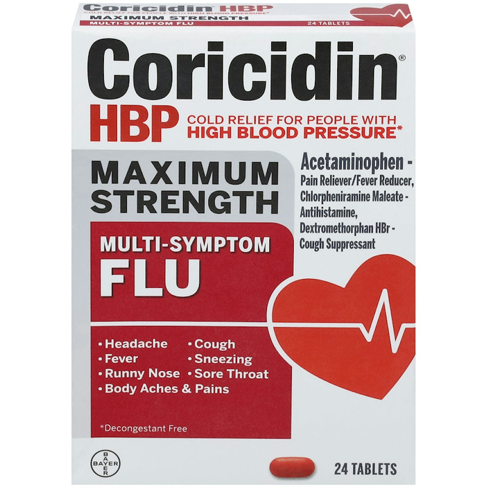 Coricidin HBP Multi-Symptom Flu Relief, Decongestant-Free, 24 Tablets