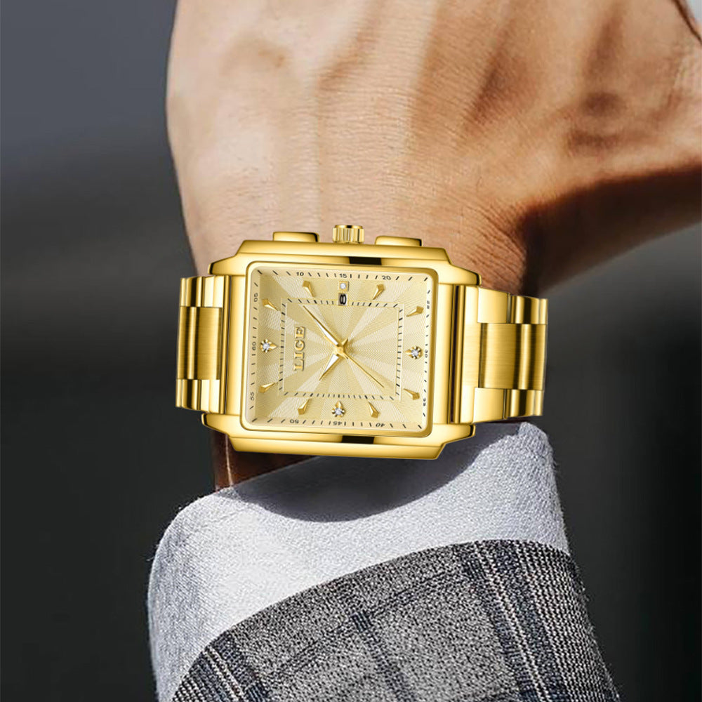 Men's square large-dial steel belt simple watch with a minimalist face and metal strap